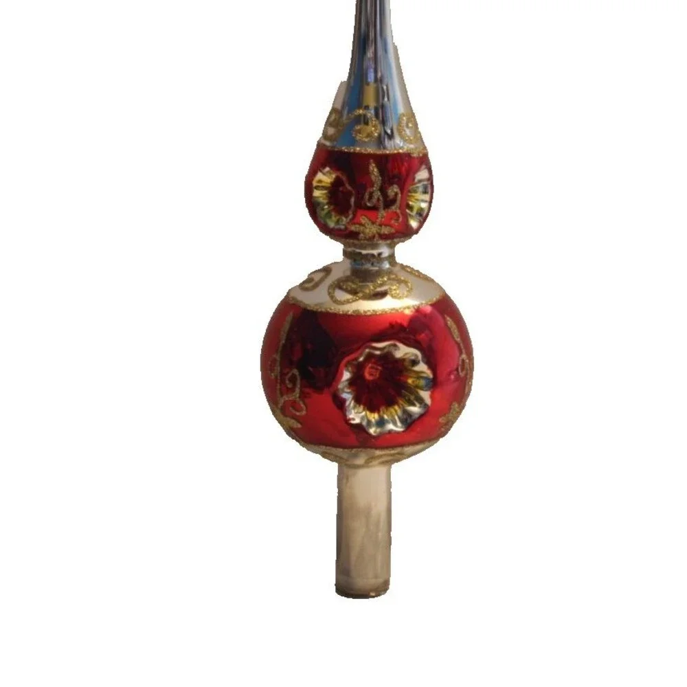 2010 Enchanted Forest 14 In Glass Christmas Tree Topper Red, Gold, Glitter